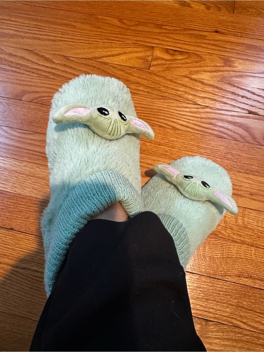 Baby Yoda LF Mint Green Plush Slip-On Slippers Socks with Knit Trim